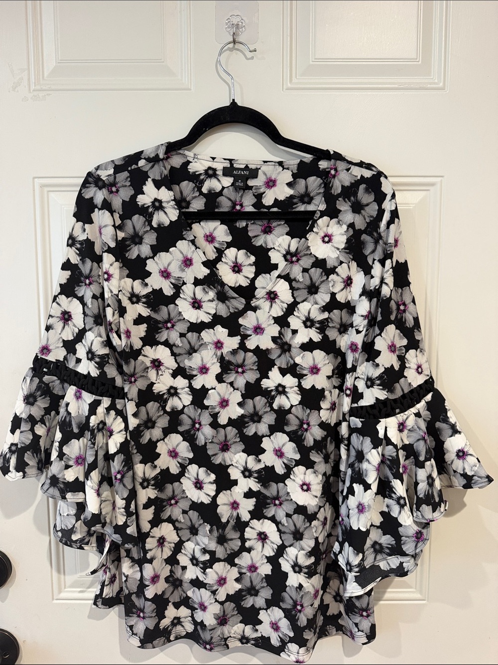 Alfani Black Floral V-Neck Ruffled Sleeve Blouse